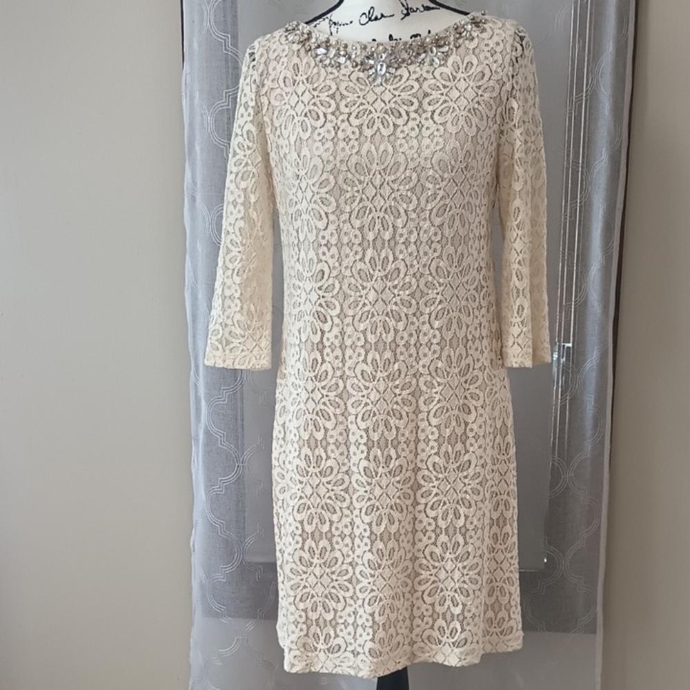 Jessica Howard Cream Lace Dress with Silver Embellishments